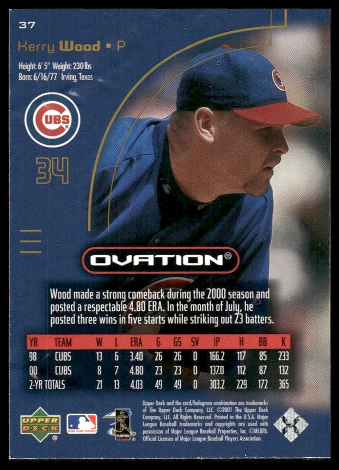 2001 Upper Deck Ovation #37 Kerry Wood Chicago Cubs - Image 2 of 2