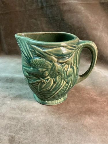 1920s McCoy art pottery  green glaze bird berry small stoneware pitcher As Is