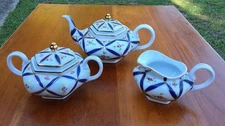 Vtg KPM Cobalt & Rose Floral 5-Pc Tea Set - Lidded Teapot/Sugar Dish & Creamer