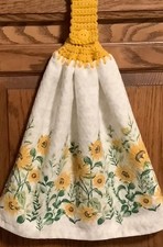 Double hanging kitchen towel sunflowers crocheted yellow top