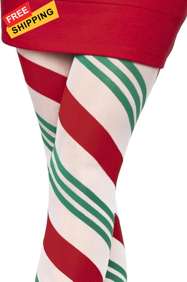 Medias Leg Avenue para mujer Navidad vacaciones spandex talla única, rayas verdes/rojas Foto 3 de 4