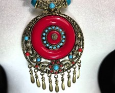 Statement Necklace Red blue Pendant Fringe boho southwest Womens Jewelry mandala