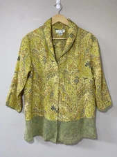 Citron Textured Silk Top Womens MEDIUM Yellow Paisley Collared Button Front