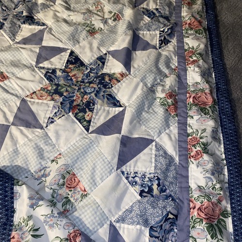 Blue 8 Point Star With Floral Squares Vintage Quilt 80x84” Reversible - Picture 8 of 8