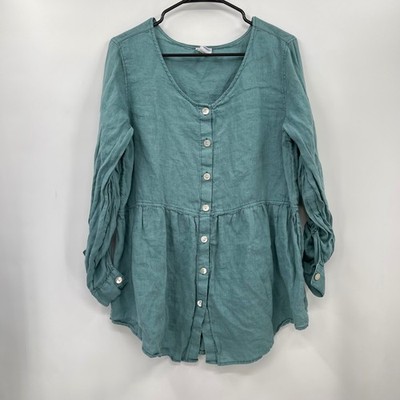Sigrid Olsen Teal Peasant Tunic Blouse Roll Tab Sleeve V Neck Button Front