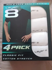 New Layer 8 Men’s 4 Pack Classic Fit Cotton Stretch White Crew T-Shirts Size L