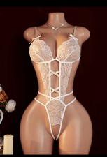 White Lace Sheer Teddy Strappy Lingerie Bodysuit Women One Piece