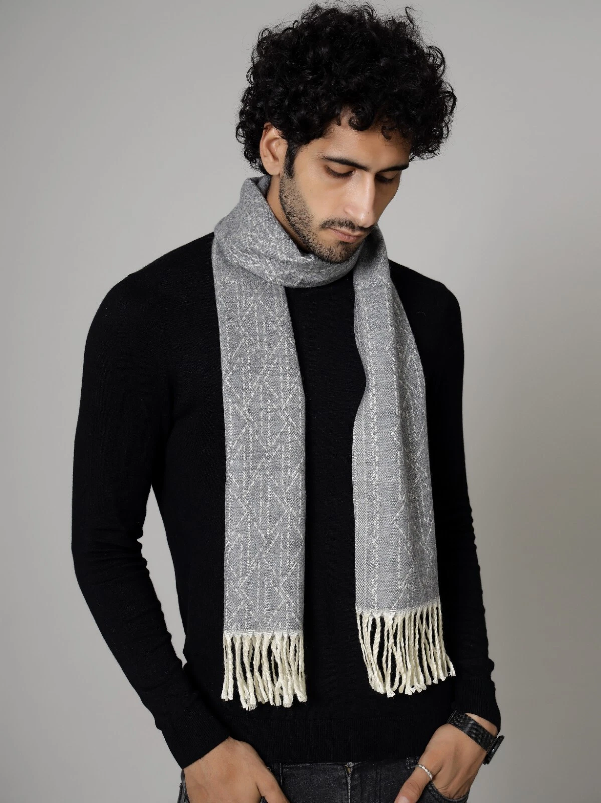 Men 100% CASHMERE SCARF Made in India Soft Wool Wrap Ikat White / Gray Muffler