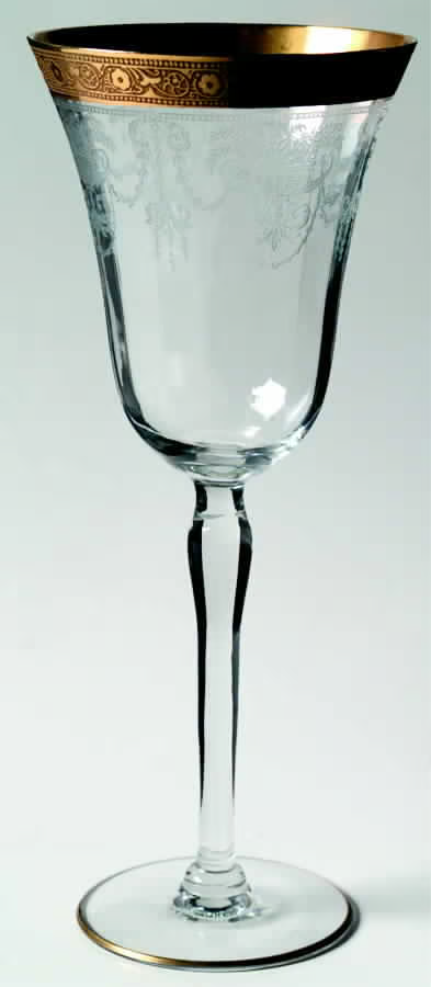 Vintage Gold-Rimmed Water Goblet with Etched Basket Design & Bulb Stem-image