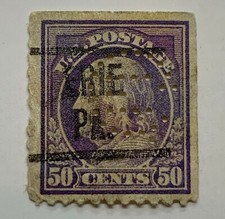 1914 US 50C FRANKLIN STAMP #PR199A ERIE PA PRECANCEL WITH PERFIN