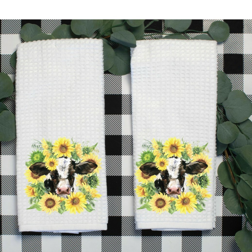 Sunflower Cow Tea Towels,Set of2, Kitchen or Bathroom,Spring Refresh,Great Gifts