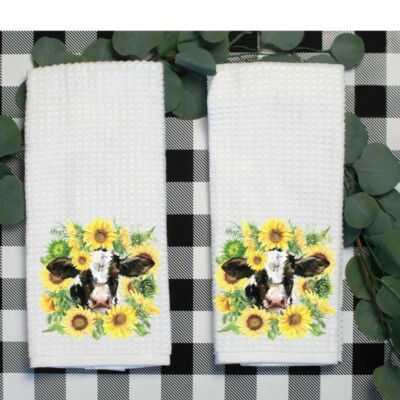 Sunflower Cow Tea Towels,Set of2, Kitchen or Bathroom,Spring Refresh,Great Gifts