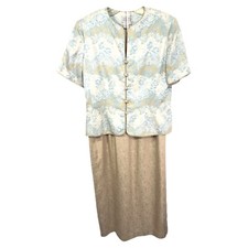 Adrianna Papell Size 12 Silk Skirt Suit Set Button Front Beaded Blue Tan 118
