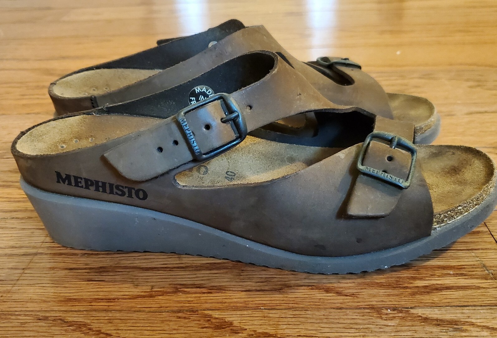 MEPHISTO Cork Footbed Comfort Leather Wedge Sandals W… Gem