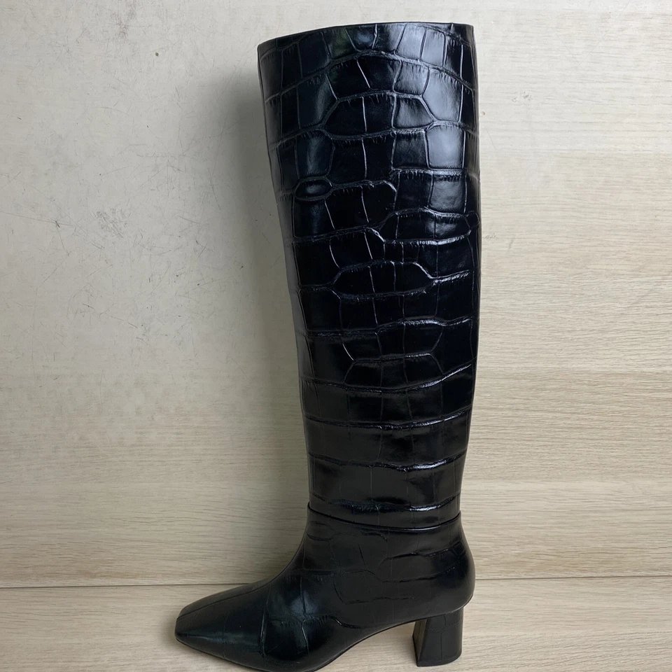 3.1 PHILLIP LIM “Tess” Black Croc-Embossed Square Toe Zip Up Leather Boots, 37 - Image 3 of 4