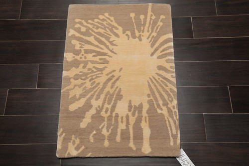 2’ x 3’ Hand Knotted Wool & Silk Modern Tibetan Oriental Area rug 2x3 Beige - Picture 2 of 4
