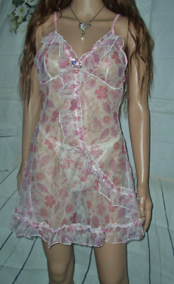 Verführerisches transparentes Sissy Pin Up Negligee Rüschen Gr M weiß/rosa (z45)