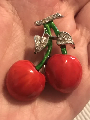 Vintage Red Enamel Double Cherry Brooch Pin Rhinestone On Leaf Costume Jewelry