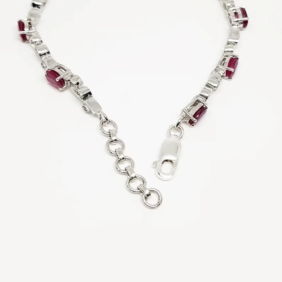 Simulated Pink Ruby 4.0Ct Oval Cut Women's Tennis Bracelet 14K White Gold Plated - Image 4 of 4