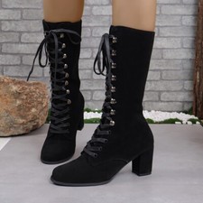 Women's Knee-High Boots Chunky Block Heel Pull On Side Zipper Suede Slouch Boots