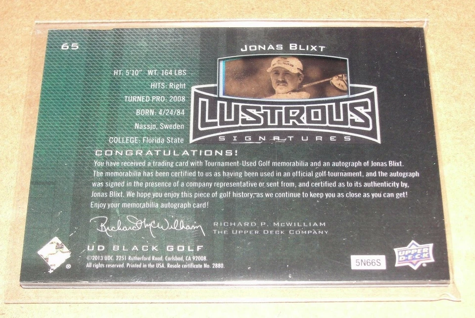 2014 Exquisite Golf JONAS BLIXT #65 Autograph Shirt RC/135 PGA Golf - Florida St - Image 2 of 2