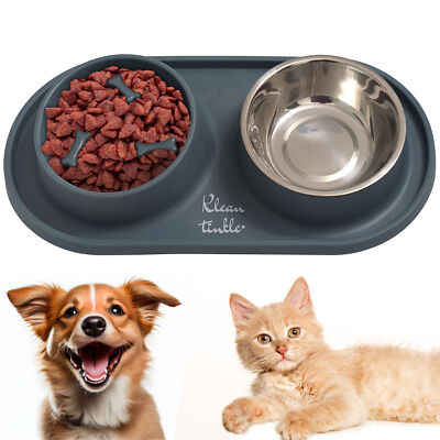 Gray Silicone Mat Delicate Dog Bowl Stop Food Easy To Clean Stainless Steel