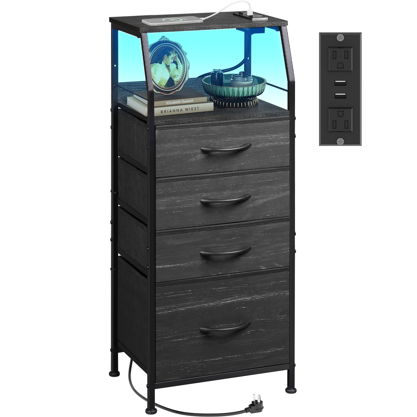 Black Nightstand with Charging Station & LED Light - Tall 4-Drawer Bedside Table-image