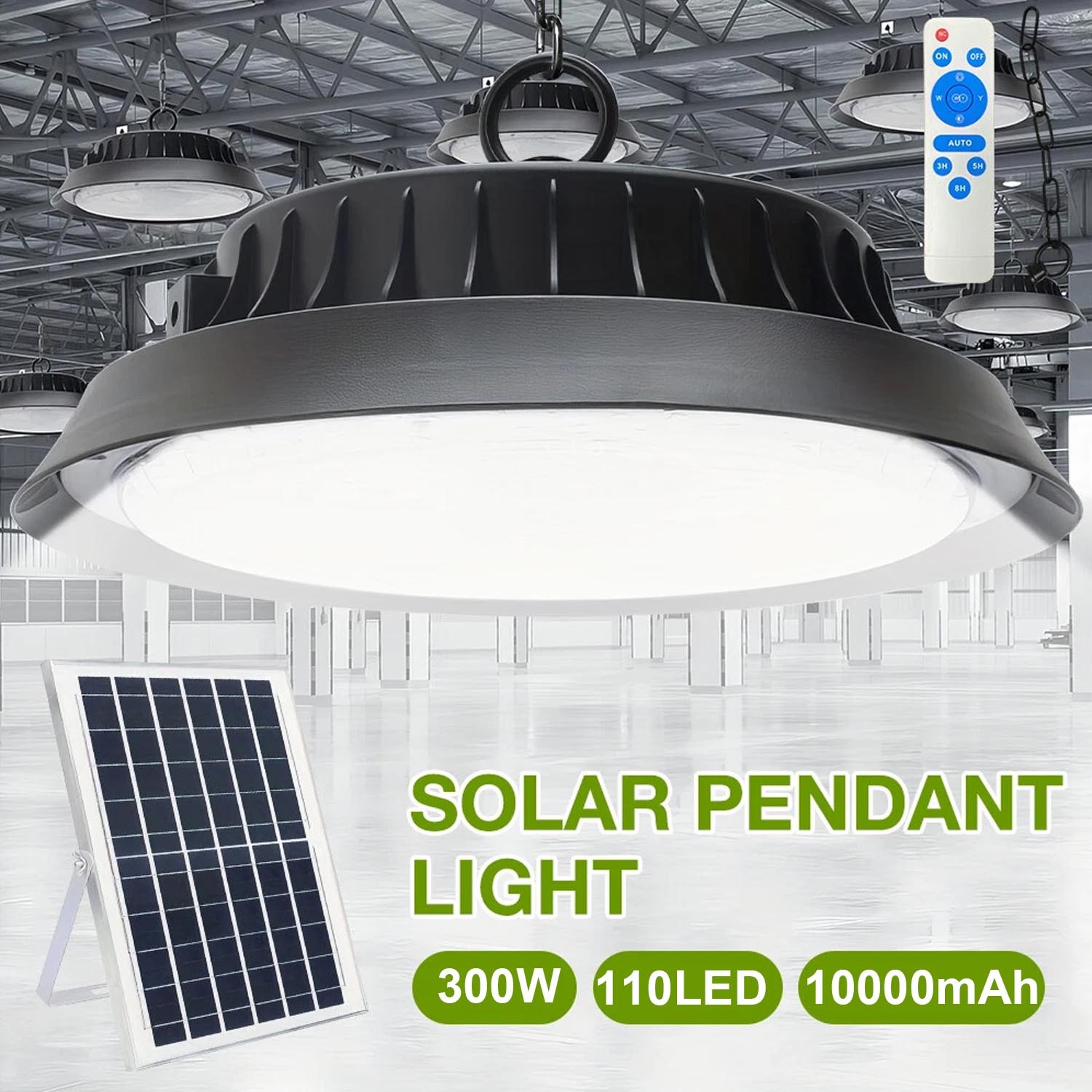 300W LED Solar Power Pendant Lights Garage Shop Lamp For Shed Barn Gazebo Yard