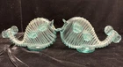 Vintage Rare Italian Murano? Ribbed Glass Teal Fish Flask Bottle Handmade Pair