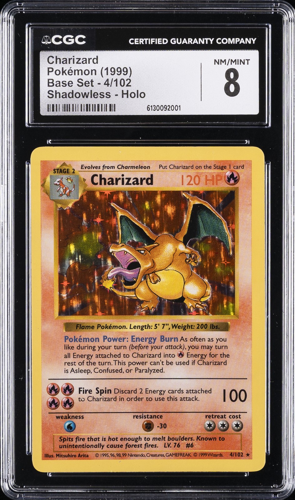 1999 BASE SET SHADOWLESS #4 CHARIZARD CGC 8