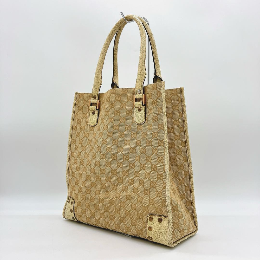 Gucci GG Canvas Studs Beige Tote Bag Shoulder Strap Leather Trim Auth