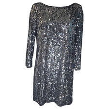 T Tahari Wom Sz 4 Silver Sequin Black Mesh Long Sleeve Cocktail Party Dress NYE
