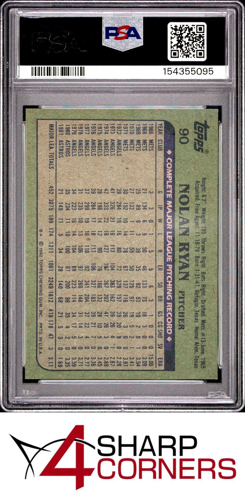 1982 TOPPS #90 NOLAN RYAN ASTROS HOF PSA 9 view 2