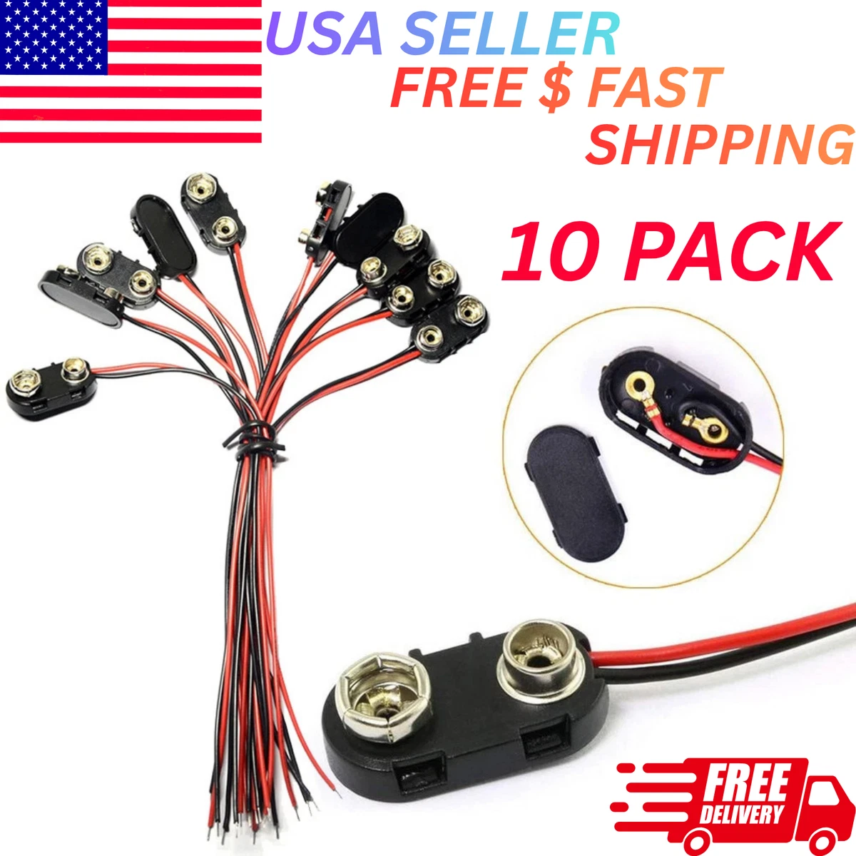 2-Pack 9V Battery Clip Connectors - I-Type Snap Connector With Black Wires 11 thumbnail image