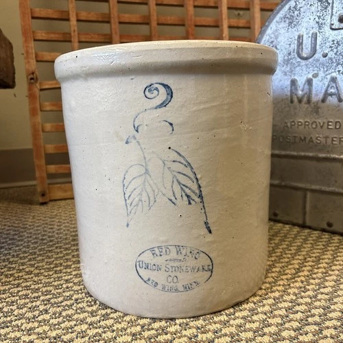 Antique Red Wing Pottery Union Stoneware Co. Crock 2 Gallon Blue Birch Leaf