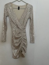 Windsor silver Solid Sequin Mesh Ruched Drawstring V-Neck Bodycon Mini XS