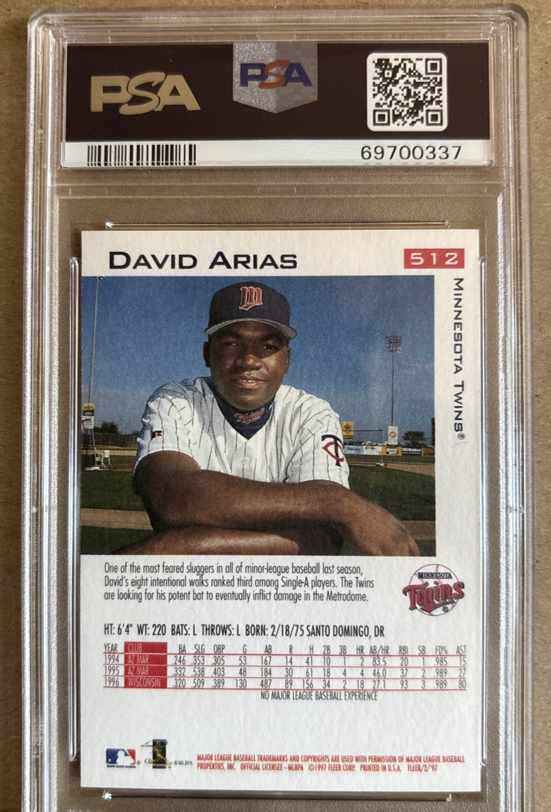1997 - Flleer - David Arias (Ortiz) #512 (PSA 9 MINT) RC view 2