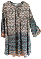 Umgee Oversize SZ S Mini Dress Bell 3/4 Sleeve Peasant Boho Gypsy Paisley Tribal