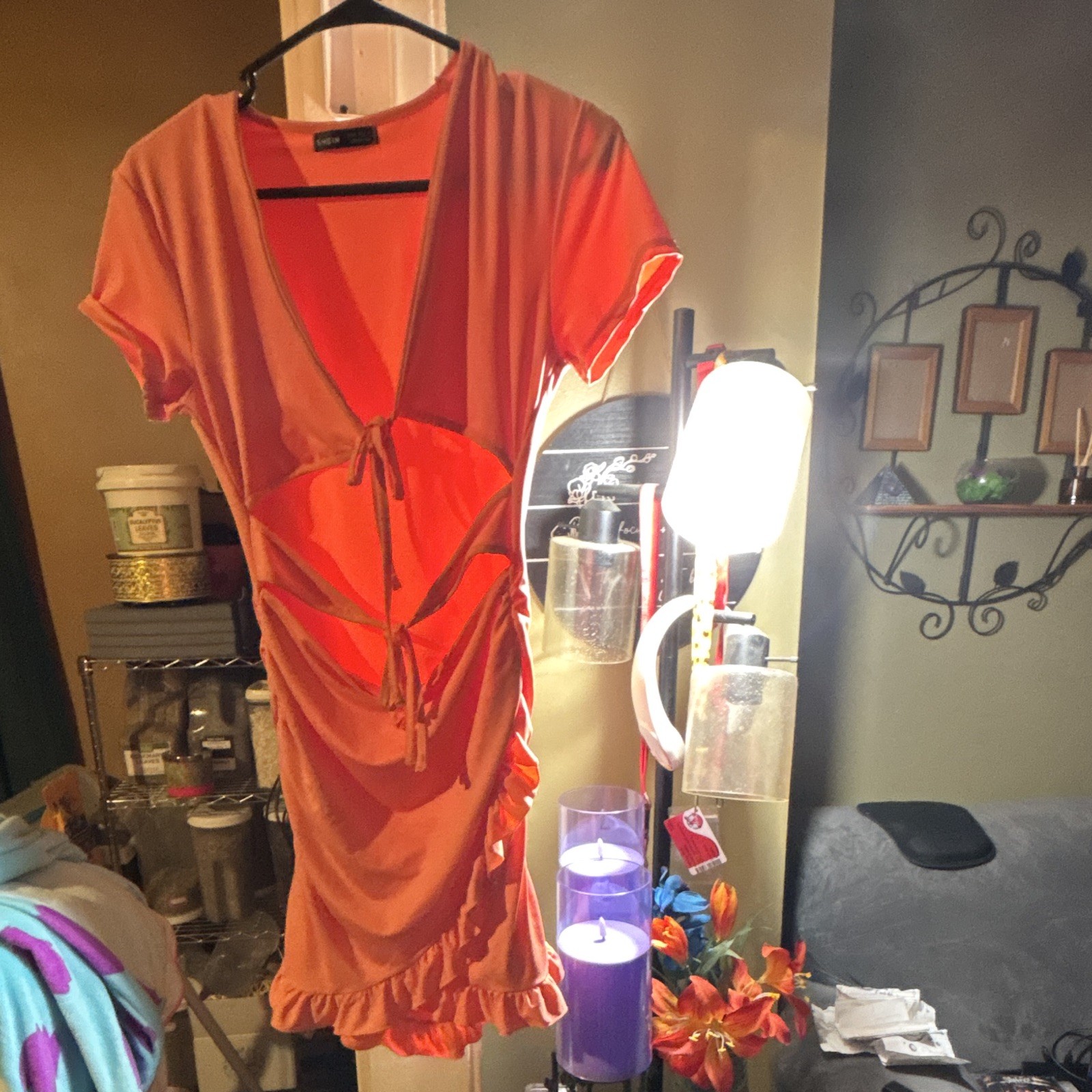 SHEIN Orange Solid V-Neck Short Sleeve Mini Dress Ruffle Hem Tie M