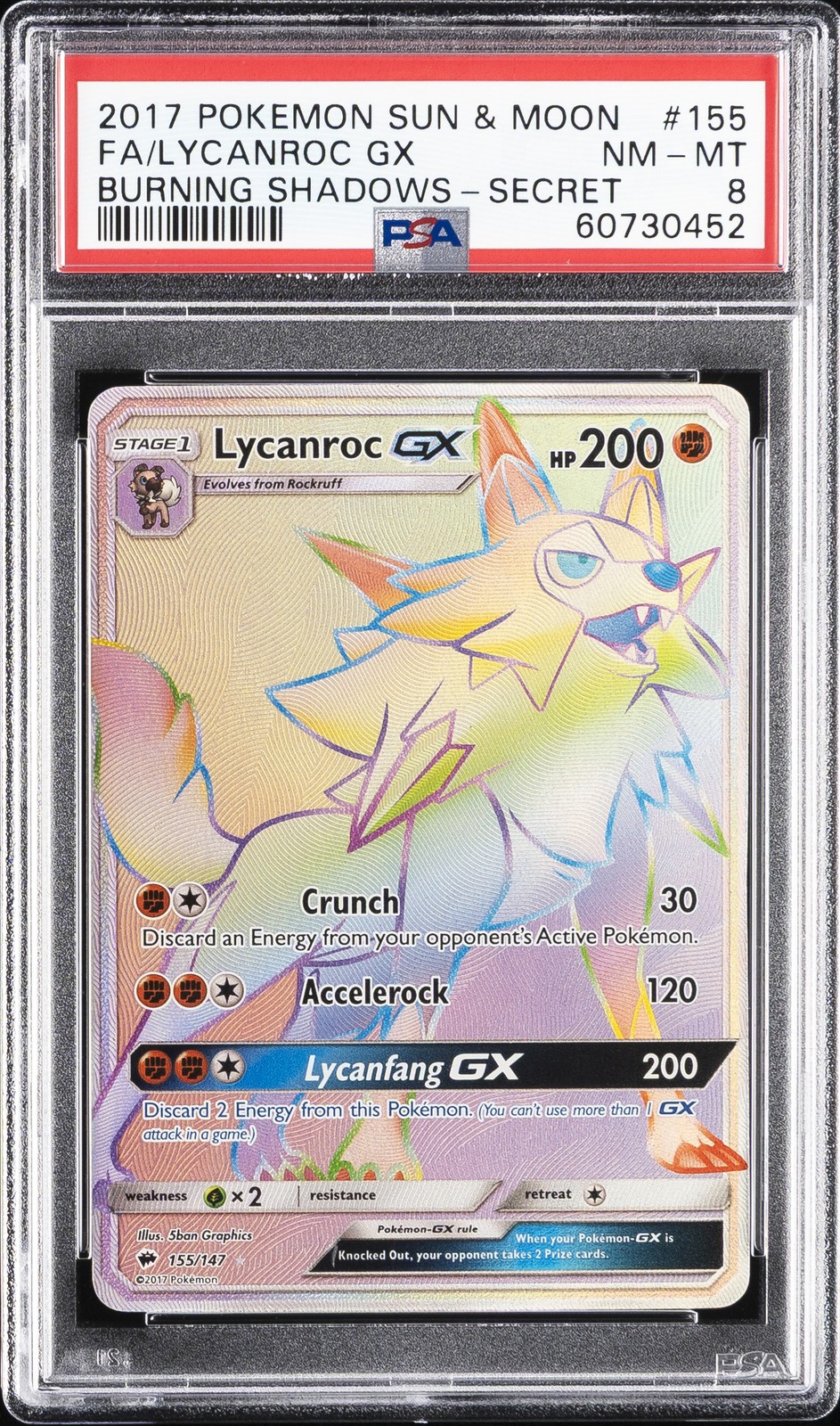 2017 POKEMON SUN & MOON BURNING SHADOWS SECRET #155 FULL ART/LYCANROC GX PSA 8