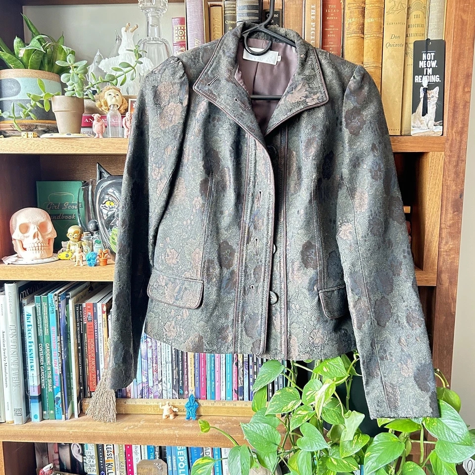 Abrigo Blazer Badgley Mischka Jacquard Marrón Floral Y2K Foto 3 de 4