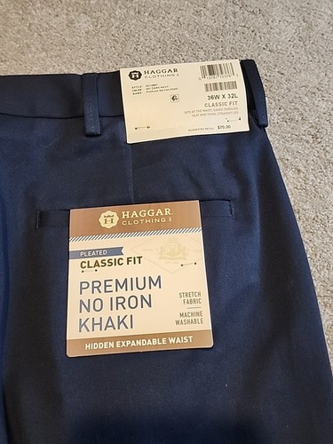 Pantalones Haggar Premium Sin Hierro Caqui Para Hombre 36x32 Azul Marino Calce Clásico Plisados Nuevos con Etiquetas - Imagen 3 de 15