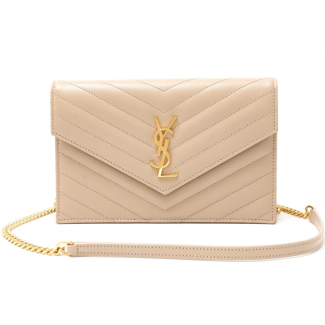 Saint Laurent Cassandre Portafoglio Catena Pelle Beige Scuro Borsa a Tracolla Autentica