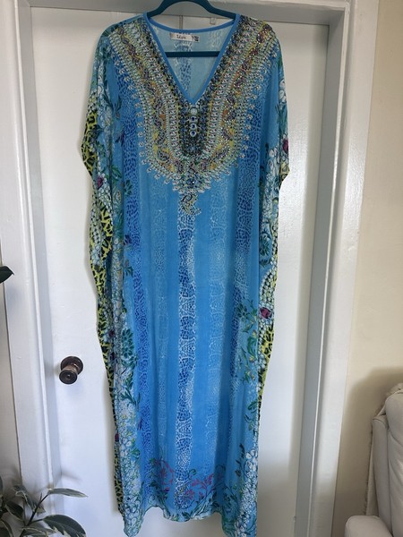 Tulips Beaded Sequin Kaftan Maxi Dress S/M Blue Floral V-Neck Long Sleeve