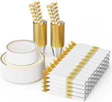 400 Pieces Gold Disposable Dinnerware Set 50 Guests,Elegant Plastic Plates Gold