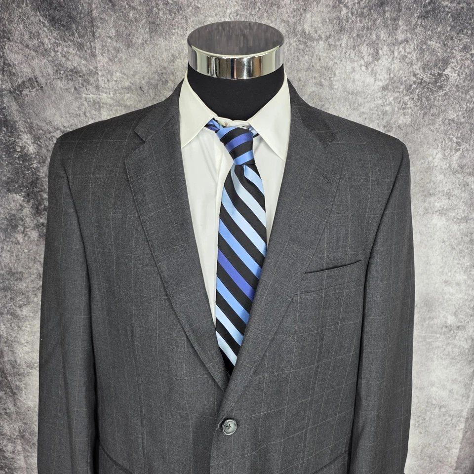 Joseph & Feiss Gold 2 Piece Suit Mens 43R Gray Windowpane Wool 36x29 Pants - Image 3 of 4