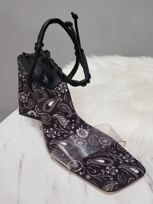 SIZE 8.5 SCHUTZ Mayala BLACK Paisley Tie Front Heeled Square Toe Sandal Abstract