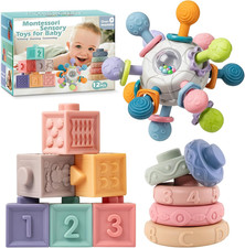 3 in 1 Montessori Toys for Babies 0-3-6-12 Months, Rattle Teether  Baby Blocks