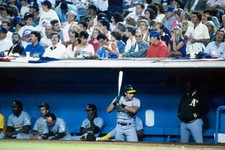 Jose Conseco Oakland Athletics works on his batting stance in Baseball '88 Photo