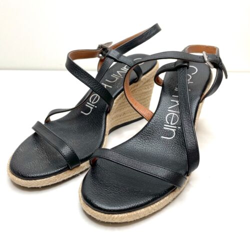 Calvin Klein Bellemine Sandals Womens Size 8 Black Leather Espadrille Wedge - Picture 1 of 14